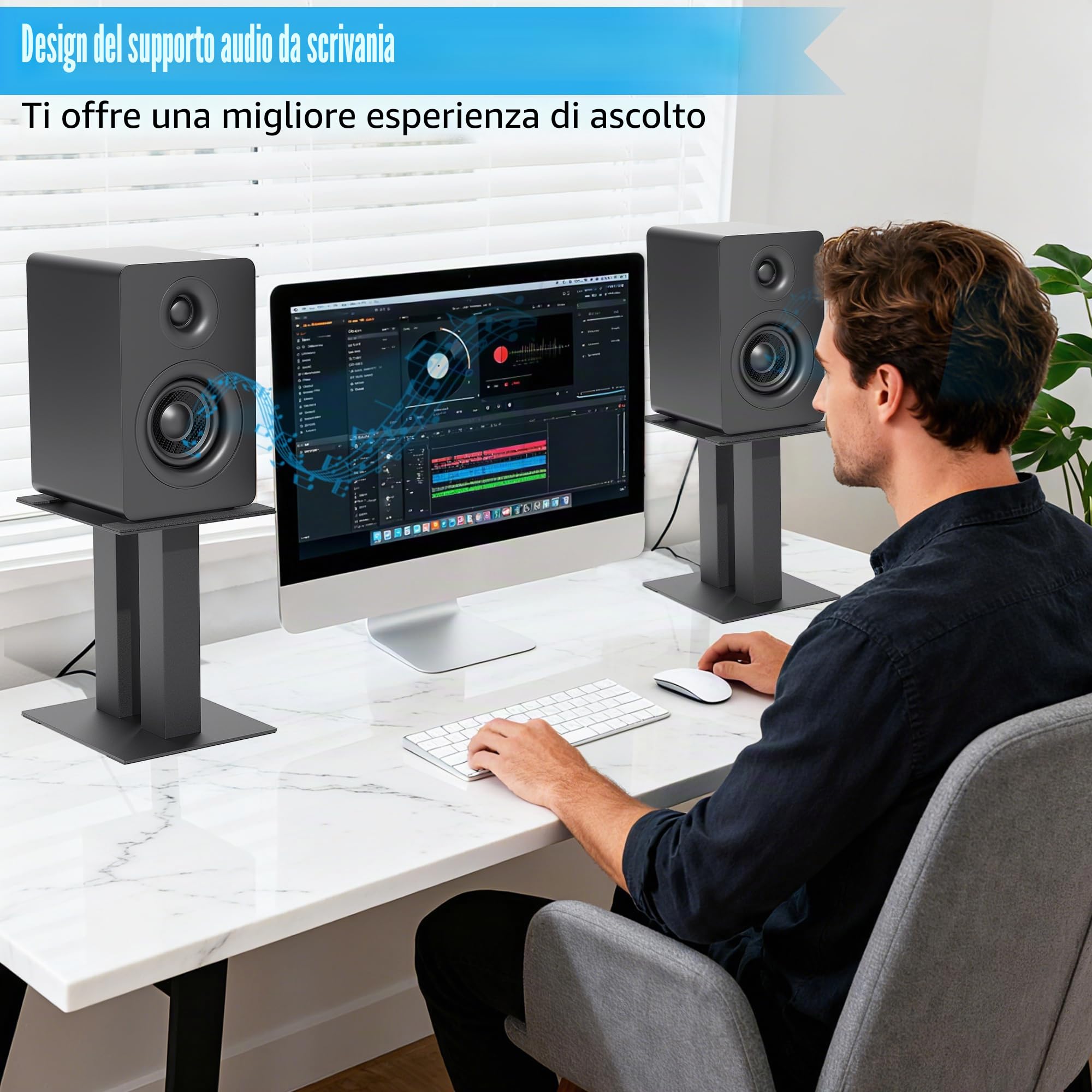 1 paio di supporti per altoparlanti da tavolo con cuscinetti di assorbimento delle vibrazioni fino a 13 kg | Supporti universali per altoparlanti in metallo, supporto da scrivania per computer, libreria (grande)