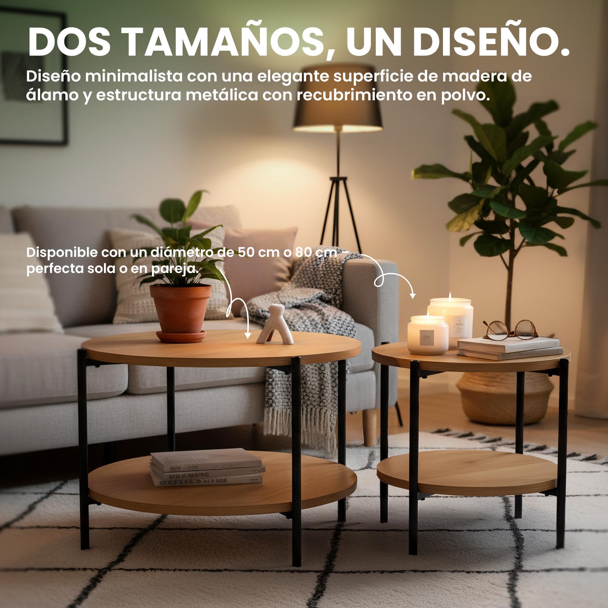 CLP Mesa de Centro Redonda de Madera Edduma, Mesa de sofá de 2 Niveles con Almacenamiento, pequeña Mesa Auxiliar con Estructura de Metal Negra, Color:Natura, Tamaño:Ø 80 cm