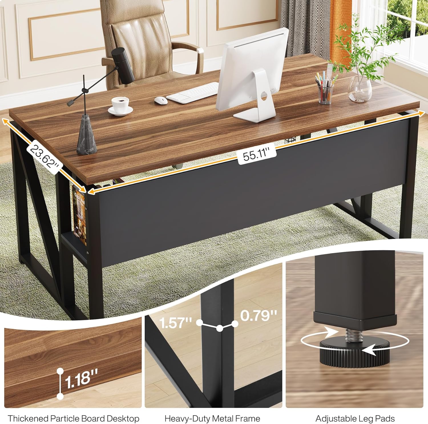 Tribesigns 55 inches Simple Computer Desk,Home Office Desk Writing Table for Workstation,Dark Walnut + Steel Leg， Cabinet not Included (Walnut, 55-inch)