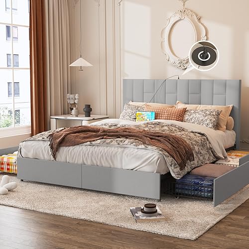 Miniatura 1 de Vabches Base de cama tamaño King con 4 cajones de almacenamiento, base de cama tapizada con cabecero, puerto de carga USB-C integrado, sin ruido,