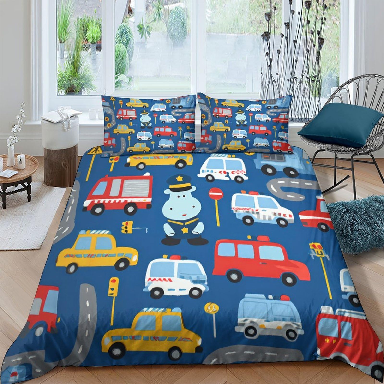 Ctjqhvkz Style-5 3D Printed Cartoon Police Car Fitted Sheet Microfiber Soft Blue Vehicle Bed Cover For Bedroom Dorm Decorative Protection Single（135X200cm）