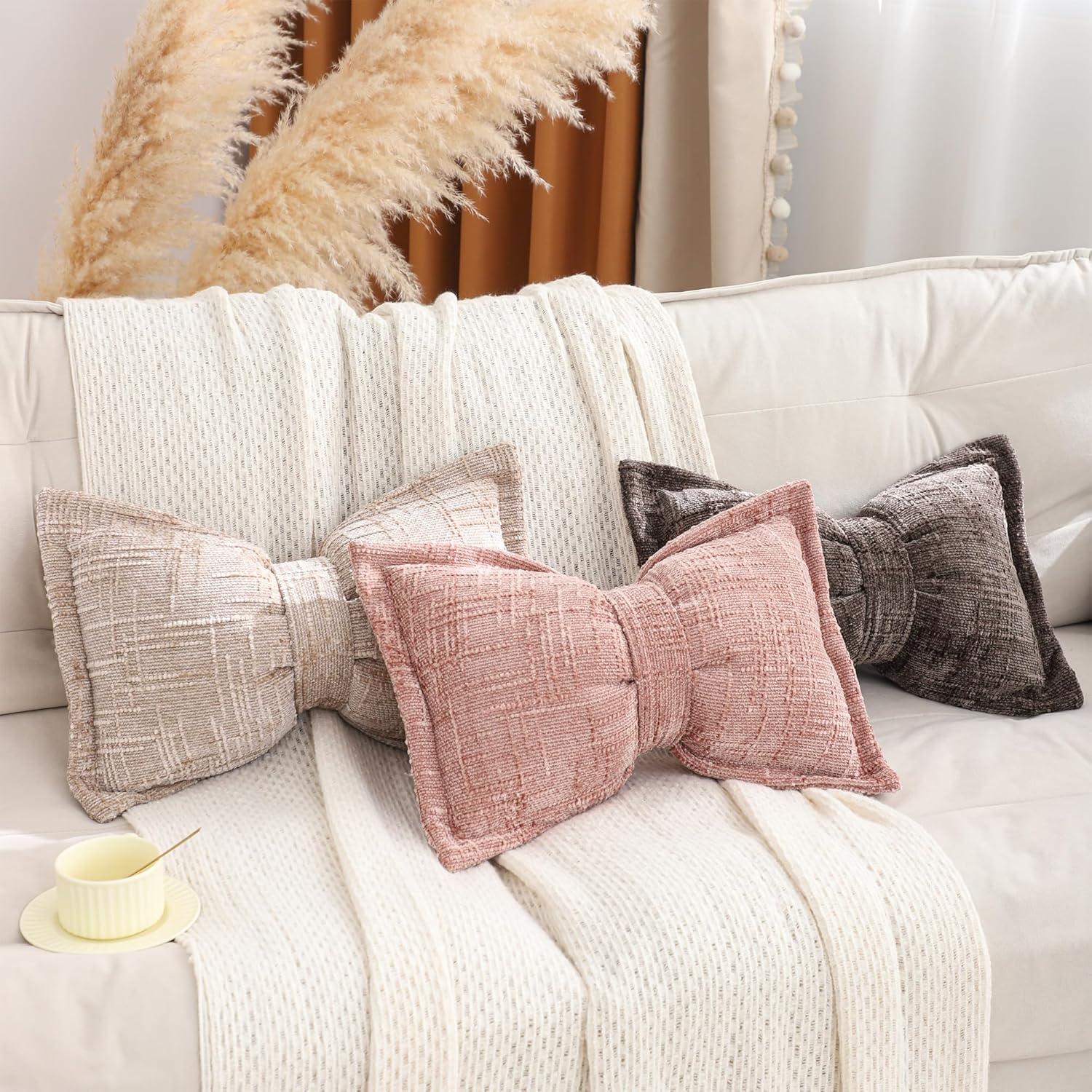 2Pcs Bow Pillow 12 x 20 Inch Boho Decorative Throw Pillows Chenille Textured Lumbar Pillows Large Bow Shaped Cushion for Bed Sofa Couch Living Room Bedroom Home Car Decor, Pink