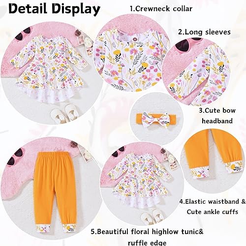 Vista 5 de fioukiay Ropa de otoño e invierno para niña, trajes de primavera para bebé, niña, camiseta floral con pantalones, conjuntos de ropa