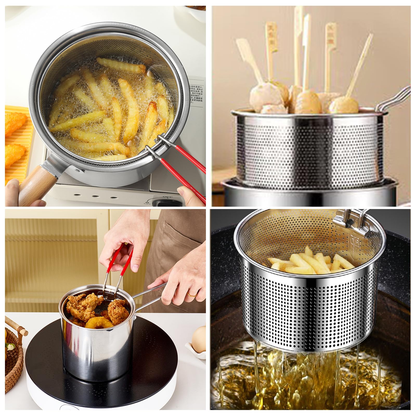 OMJMYY Set di 2 Cestello per Pasta 18/20 cm Colapasta Acciaio Inox Scolapasta con Manico Rimovibile Colino Acciaio Inox Maglia Fine per Lavare Friggere Cuocere a Vapore Drenare
