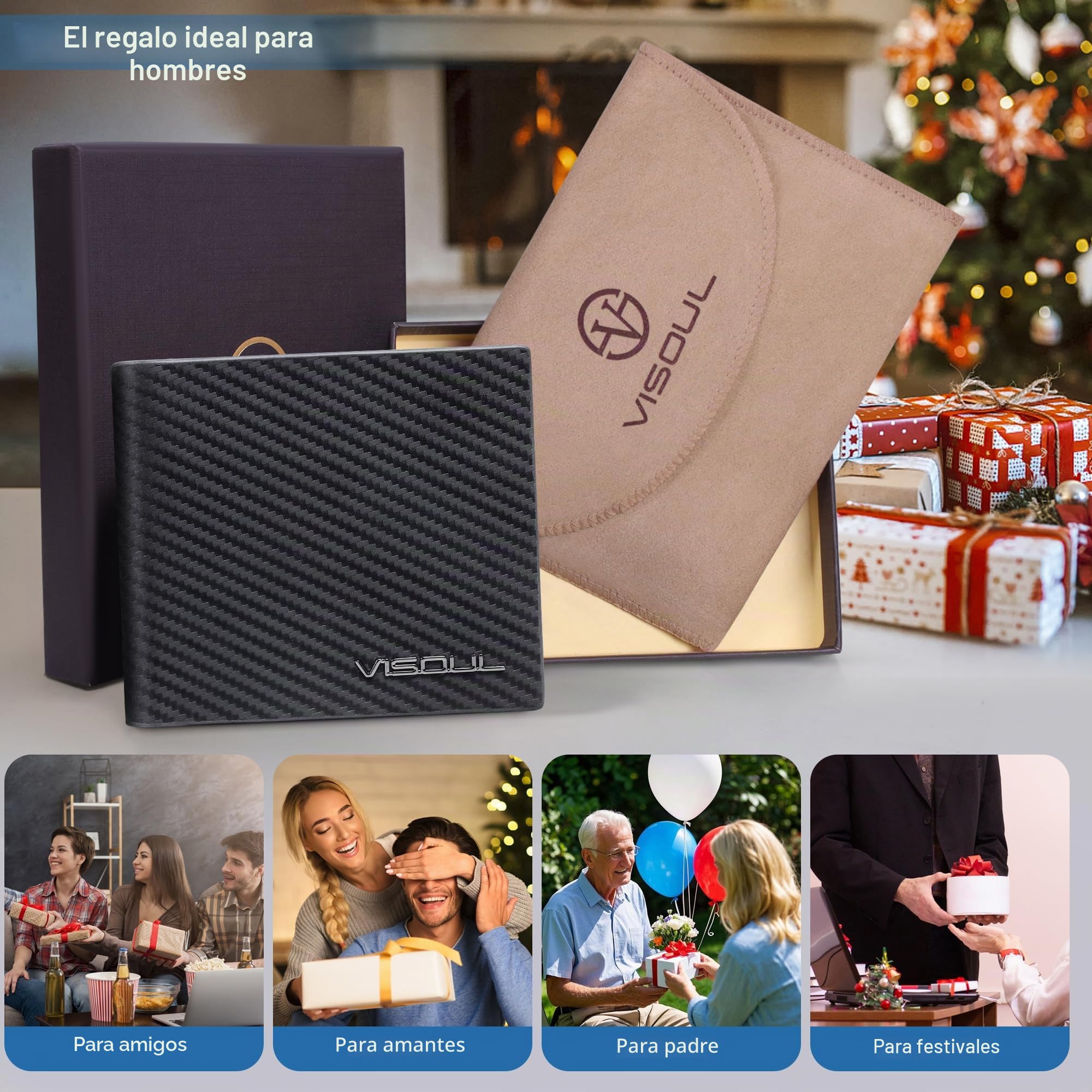 VISOUL Hombre de Fibra de Carbono de Cuero Billeteras Bifold con Bloqueo RFID, Cuero Genuino Cartera con 1 Ventana de ID, 2 Bolsillos para Billetes y 14 Ranuras para Tarjetas(Carbono Negro+Rojo)