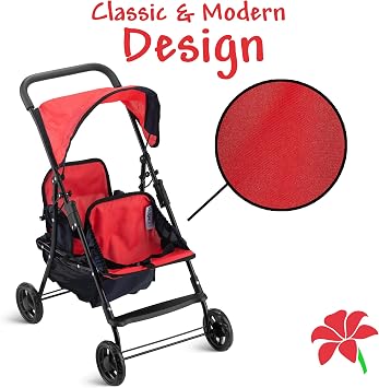 Hushlily Tandem Double Doll Stroller with Adjustable Canopy & Basket, Foldable, with Smooth Rolling Wheels (Red & Blue)
