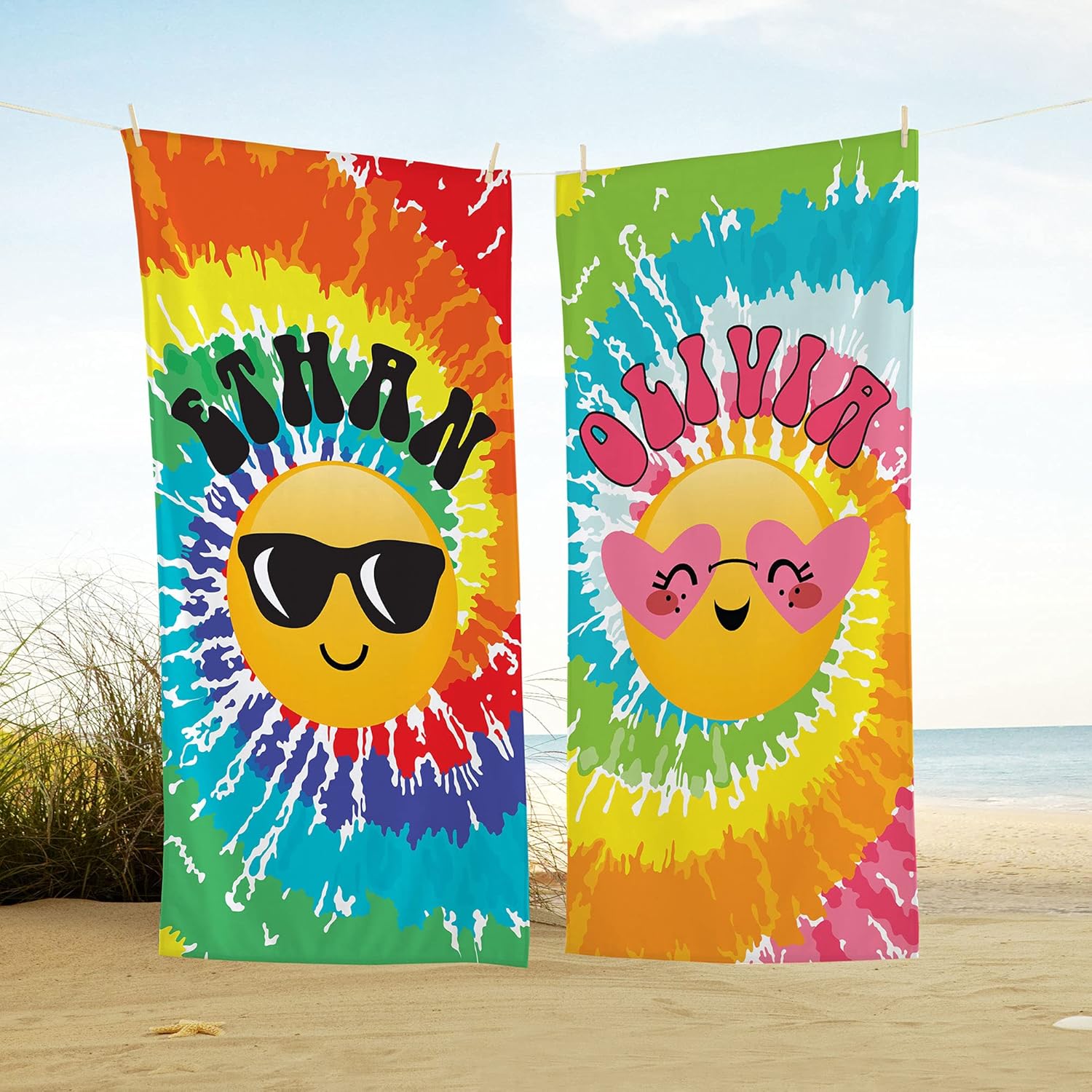 Let's Make Memories Personalized Beach Towel - Customized Towel for Pool and Summer - Oversized (35”x70”) - Tie Dye with Primary Colors
