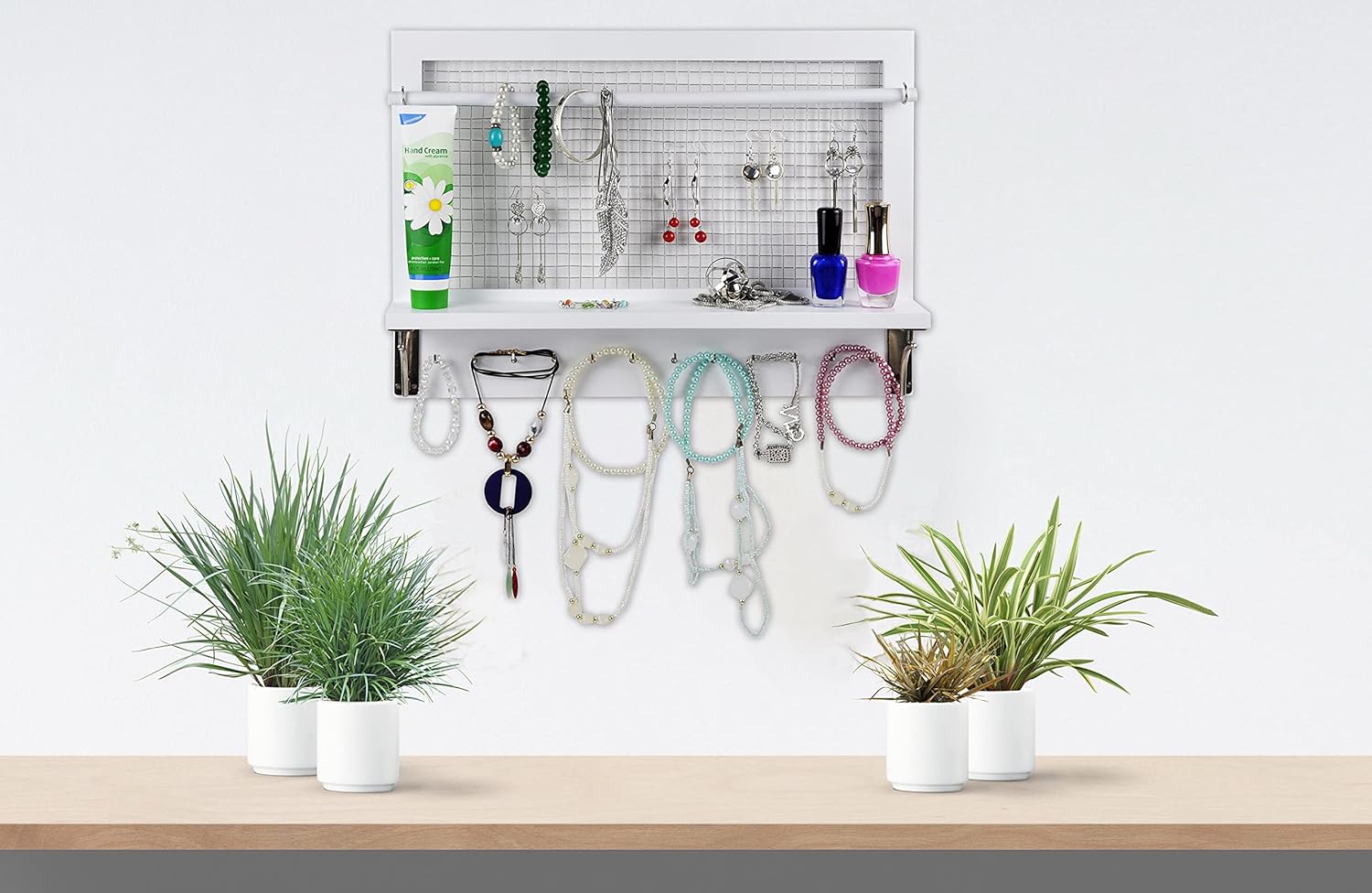 Spiretro White Jewelry Organizer, Wall Mount Jewelry Holder Rack with Hooks Shelf and Removable Rod Hanging Display Earrings Necklaces Bracelets Rings Storage Accessories Wood