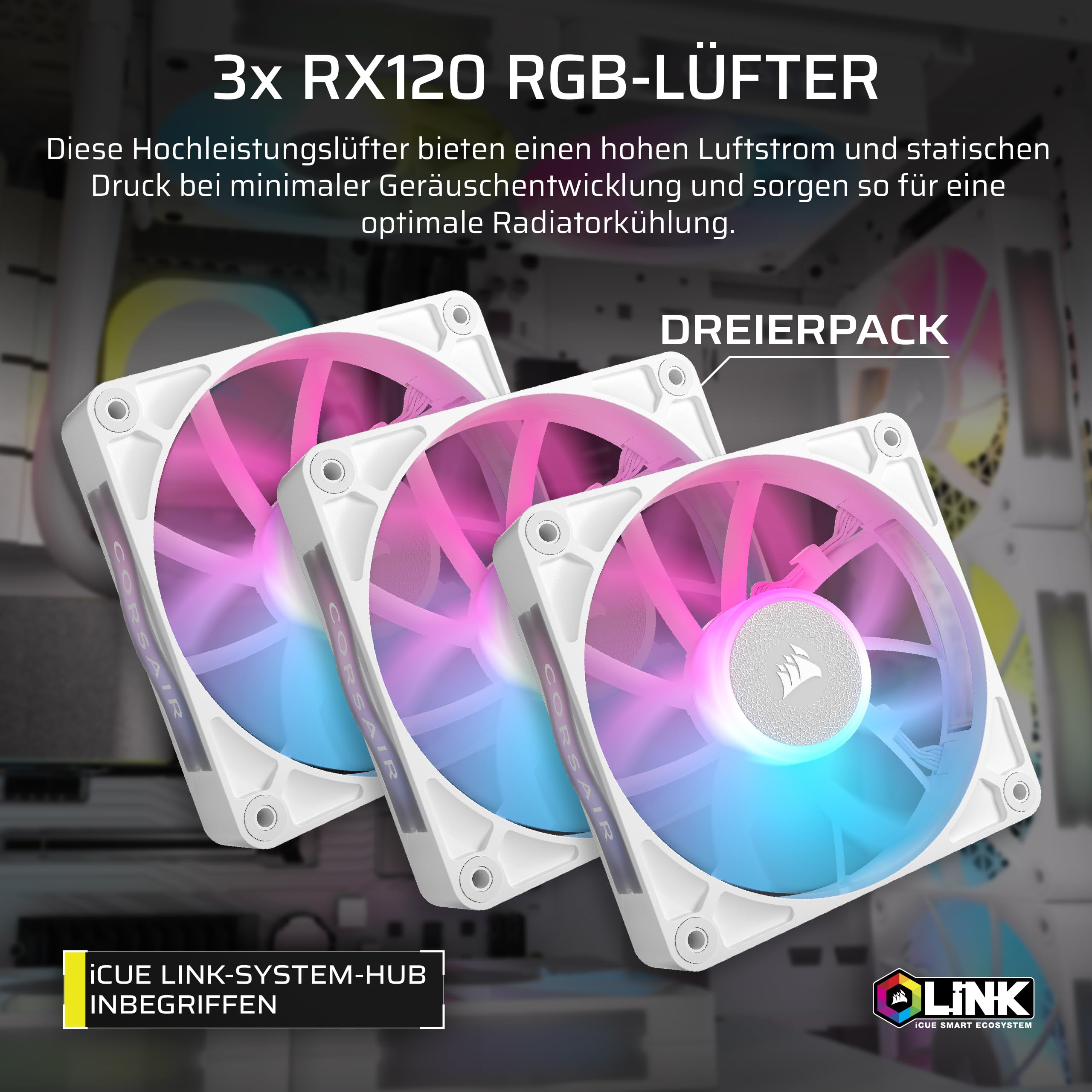 CORSAIR iCUE LINK XH505i RX 360 RGB Individuelles Kühlungs-Kit – XC7 ELITE CPU-Wasserblock, XD6 ELITE-Pumpenreservoir, 3x RX120 RGB-Lüfter, XR5 360-mm-Radiator, iCUE LINK-Systemhub - Weiß