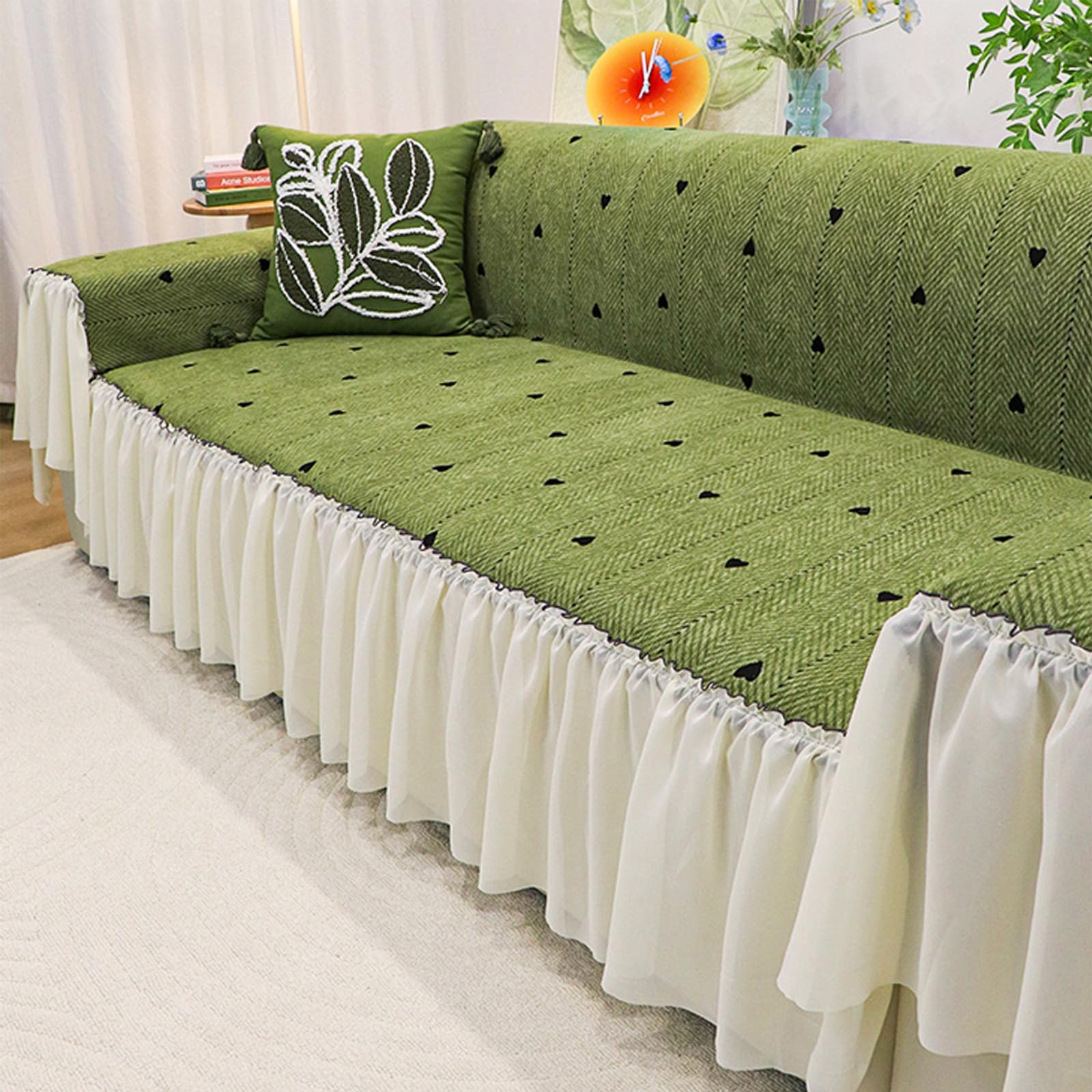 Funda de sofá de felpilla con patrón de espina de pescado para sofás en forma de L y en forma de U, elegante protector de sofá verde, 180 x 380 cm, duradero y fácil de limpiar