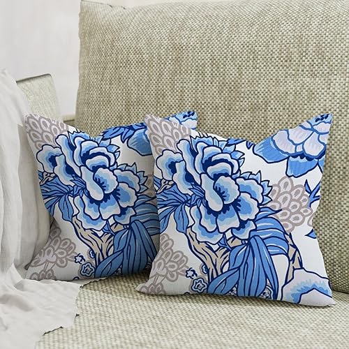 Miniatura 5 de Chinoiserie Floral Blue Throw Pillow Case Set of 2 Ethnic Style Cushion Cover 22x22in Decorative Pillow Home Cotton Linen Elegant Accent Pillowcase