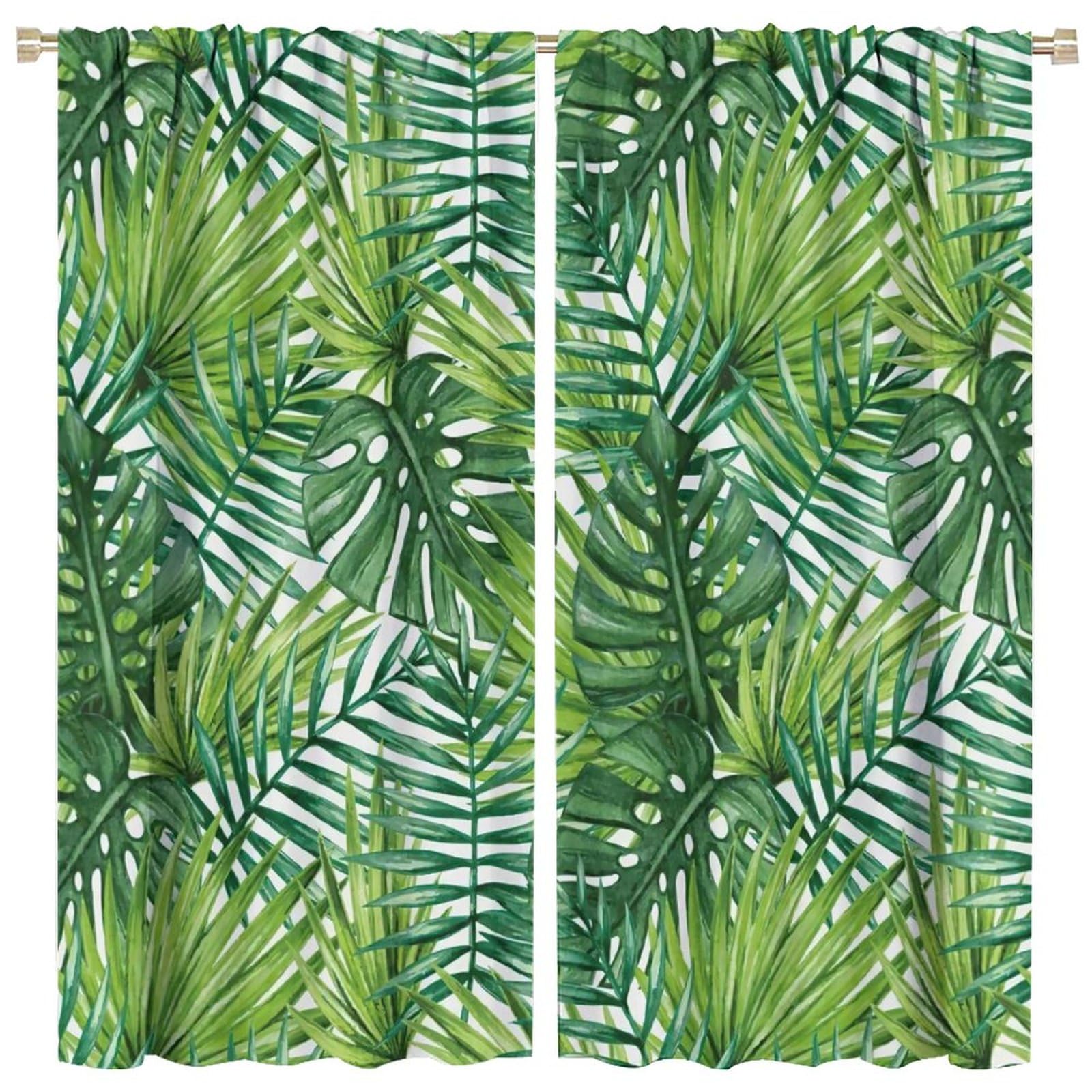 BenYaSong Tropical Leaf Blackout Curtains Room Darkening Window Drapes Nature Plants Green Leaves Theme Print for Teen Thermal Insulated Darkening Room Window Curtain Drapes 2 Panels 52x84in