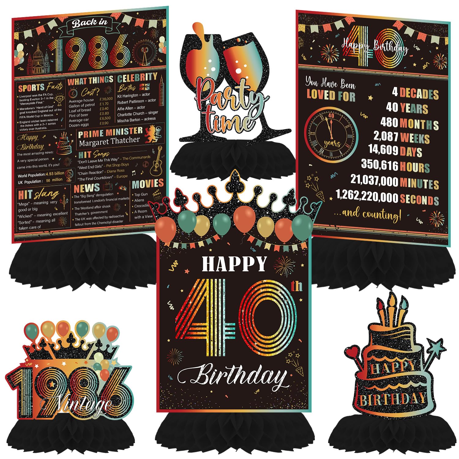 Luvart 40th Birthday Decorations, Vintage 1986 Birthday Table Decorations for Party Men Women, 6PCS 40 Year Old Honeycomb Centerpieces Decor Supplies