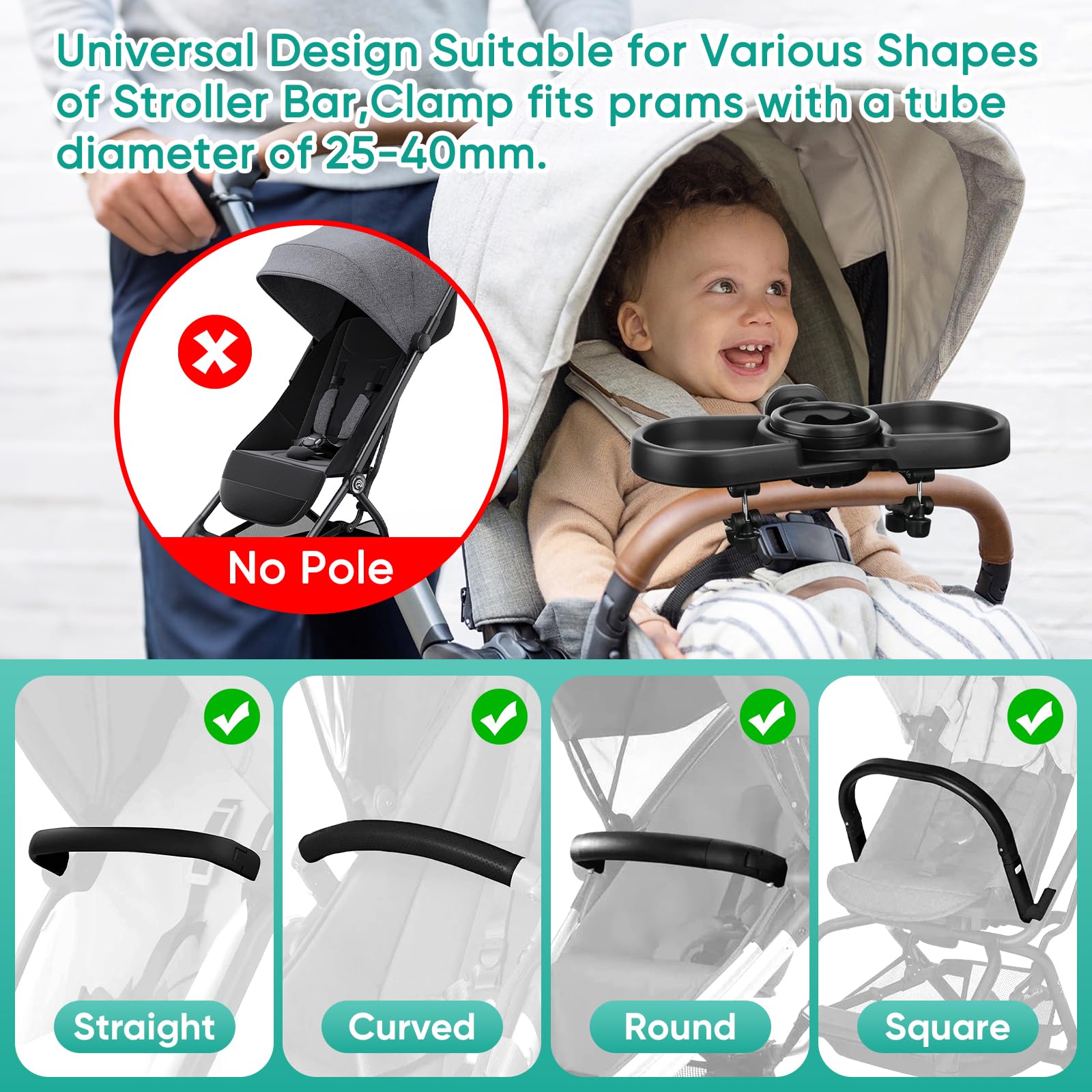 Bandeja para Cochecito de Bebé 4 en 1, Bandeja Universal para Cochecito con Portabocadillos y Soporte para Móvil | Accesorio Removable con Rotación 360° para Cochecitos con Reposabrazos