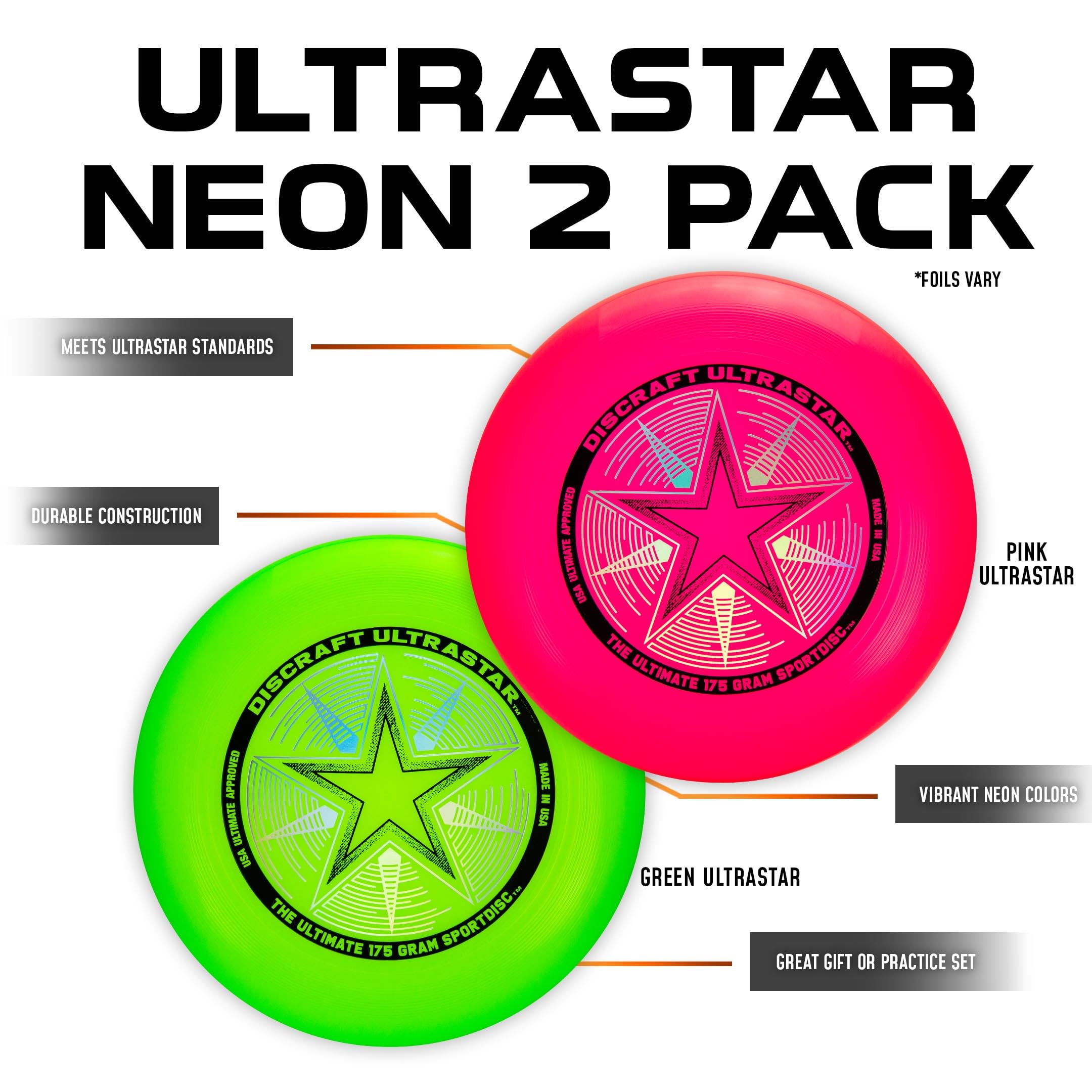 Discraft Ultrastar Neon Pack - Confezione da Due UltraStars | Rosa Neon e Verde Neon | Ufficiale USA Ultimate & WFDF Frisbee | 175 g