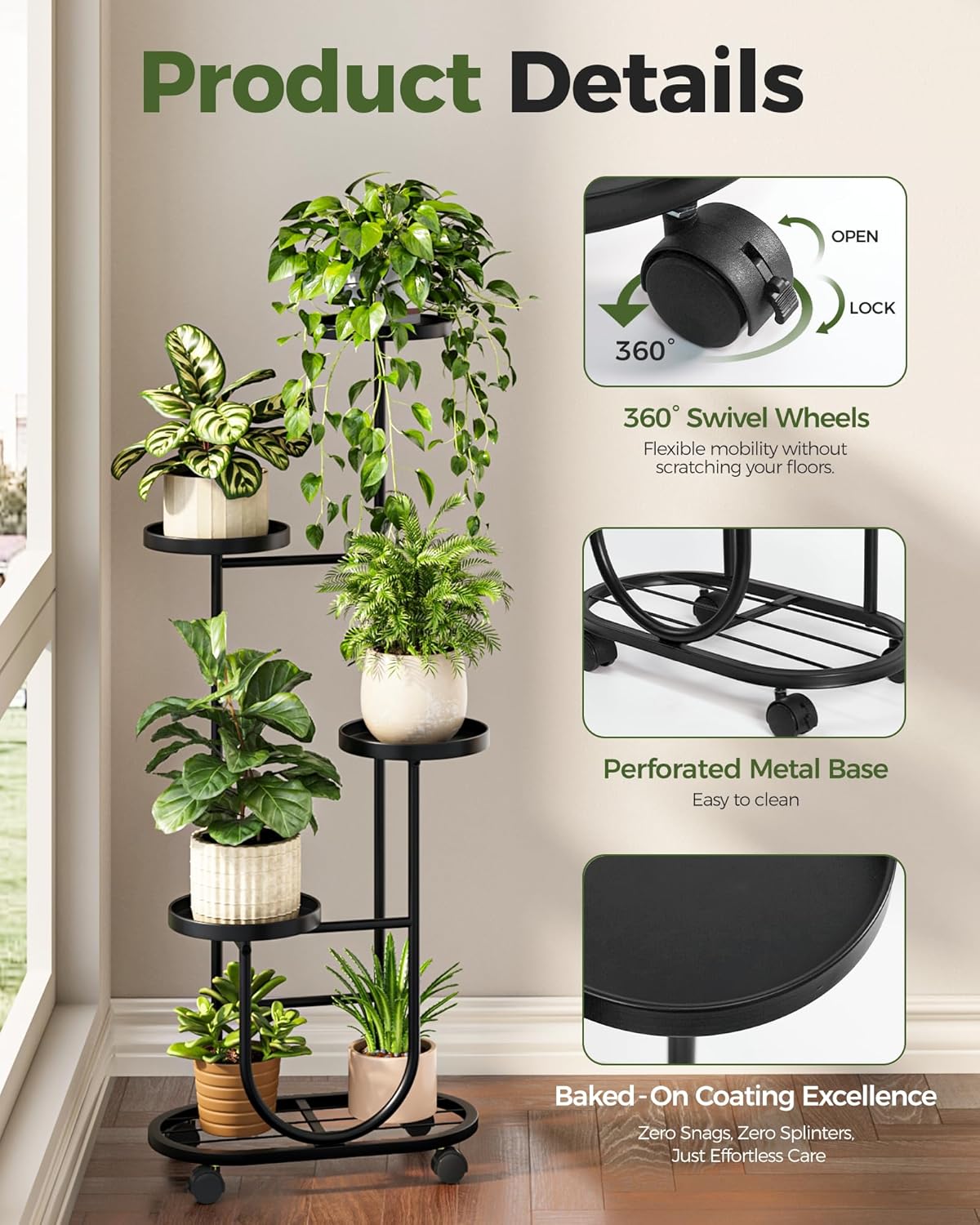 Bamworld Tall Plant Stand Indoor Outdoor Plant Stand with Wheels Heavy Duty Metal Plant Shelf for Multiple Plants Flower Stands for Patio Corner Garden Living Room Balcony, Black