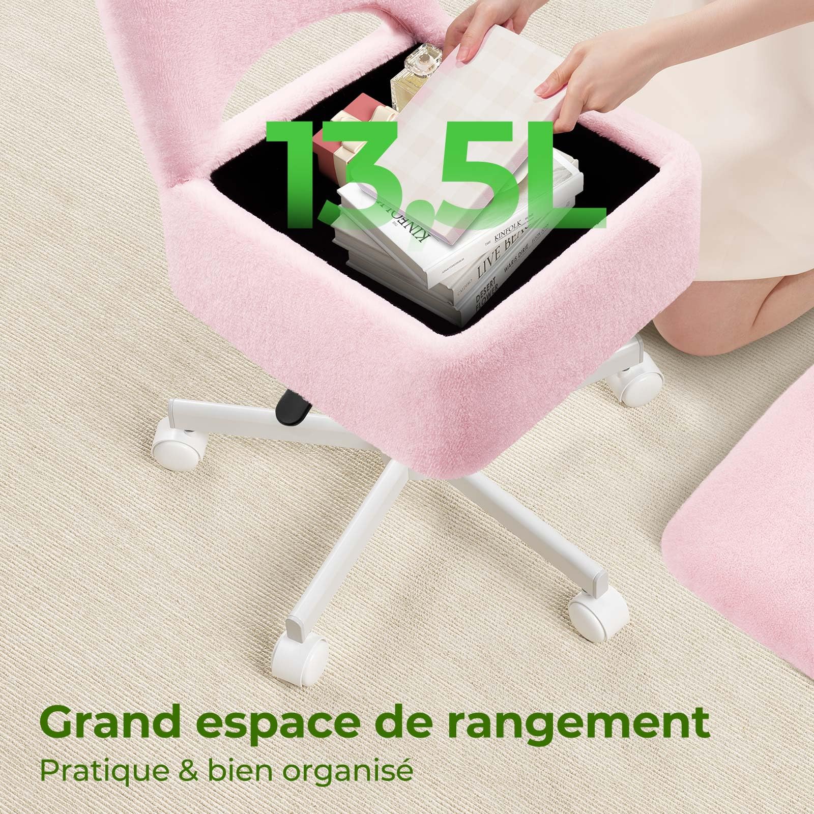 Rolanstar Chaise et Coiffeuse à Hauteur Réglable avec Rangement, Confort Tabouret de Salon pour Vanité, Velours, Bureau à Domicile(Rose,Grande)