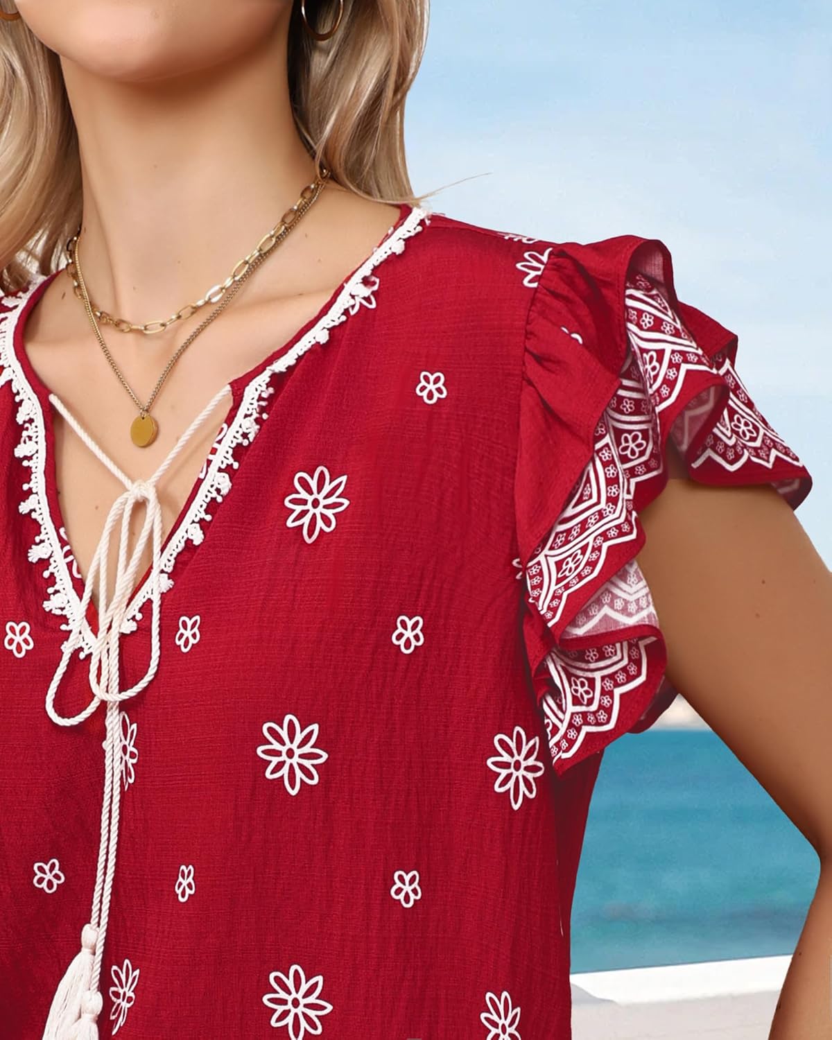 Unixseque Womens Summer Tops Tie Front Casual Blouses Flowy Boho Ruffle Sleeve Shirts - Image 4