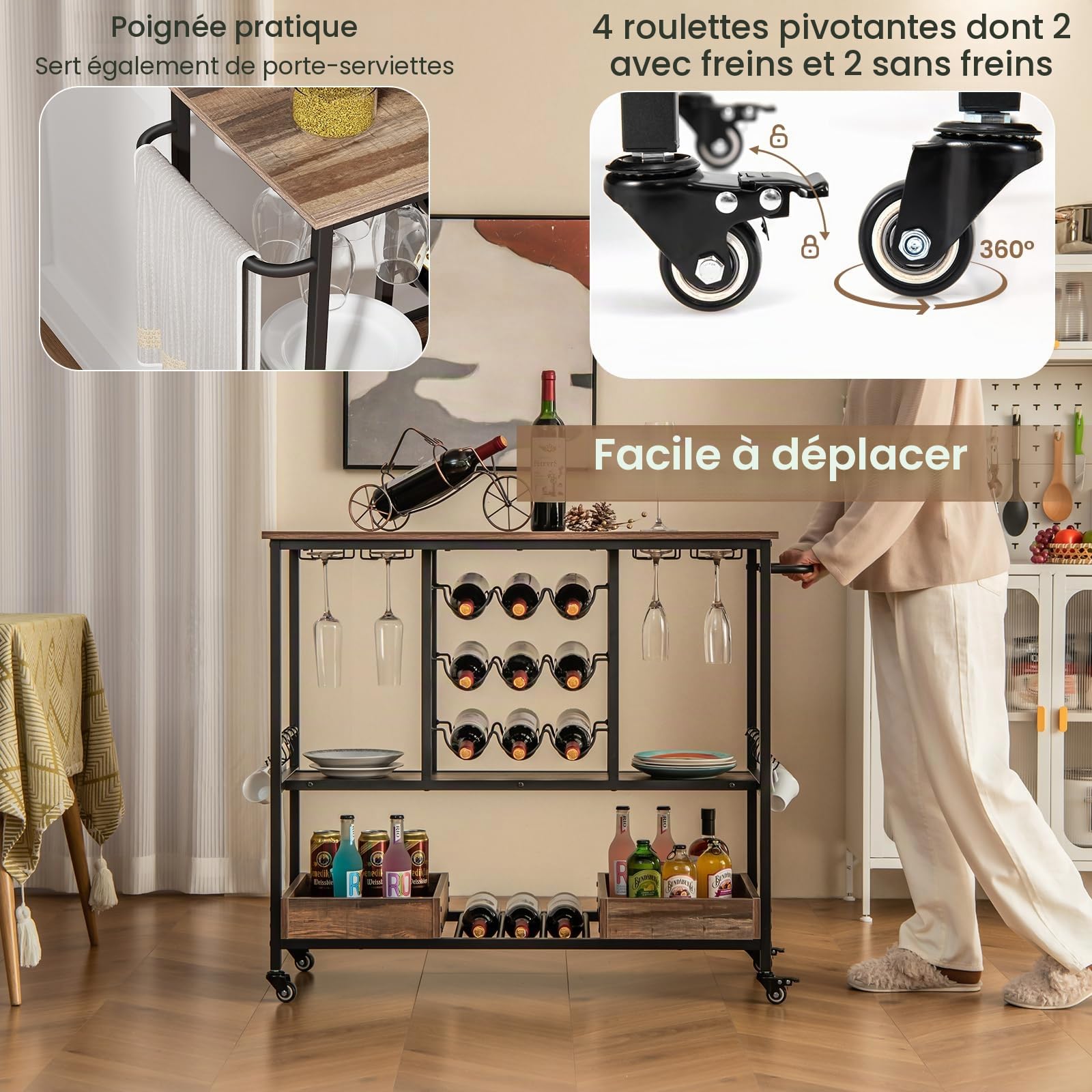 KOMFOTTEU Chariot de Cuisine à roulettes, Desserte de Service avec Porte-Bouteilles, Porte-Verre et Crochets, Chariot d'Appoint à 3 Étages pour Bar de Maison, Cuisine (Chêne Gris)