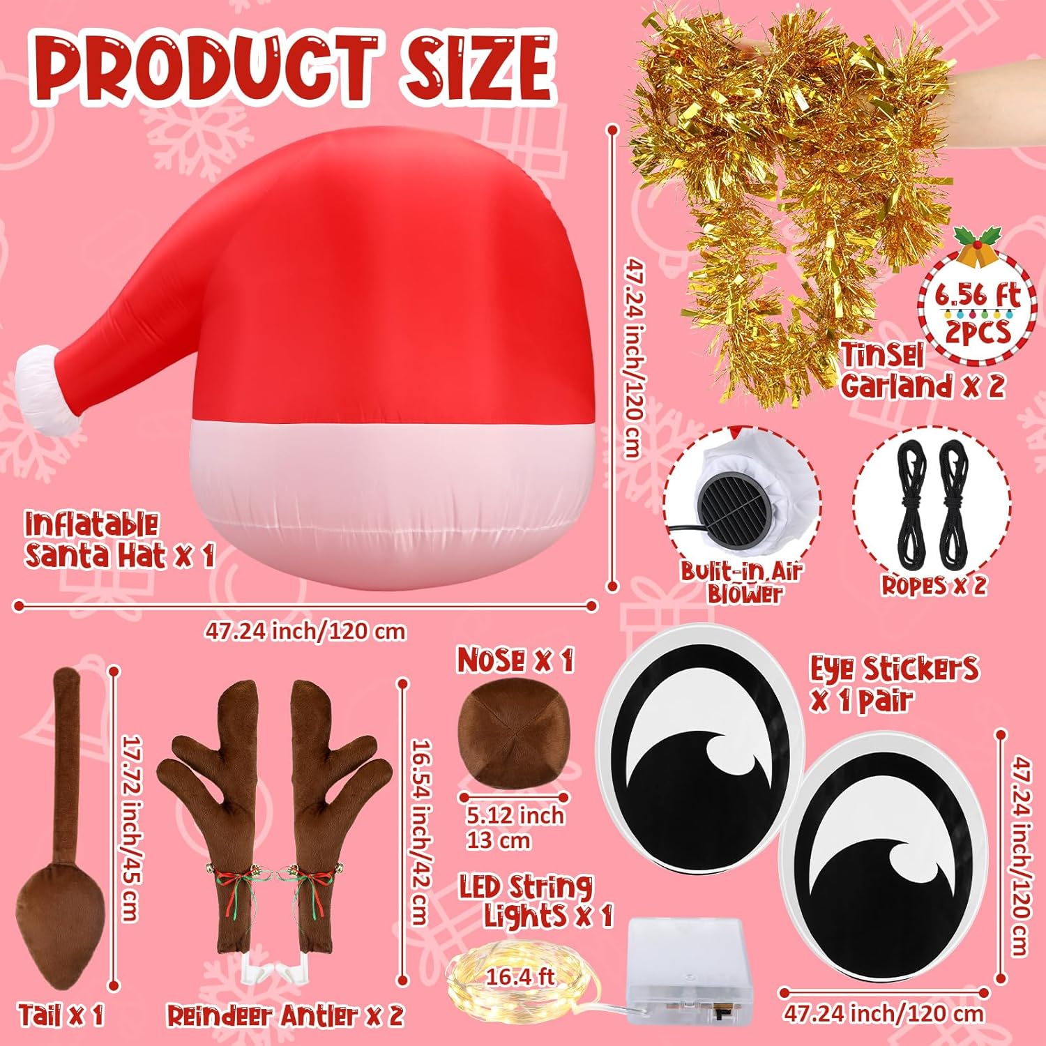 Seematn 9 Pcs Christmas Parade Golf Cart Decorations Kit with LED Light String - 4 ft Large Inflatable Santa Hat for Car Roof - Reindeer Antlers Nose Tail Eyes Gold Garland Xmas Holiday Car Parade