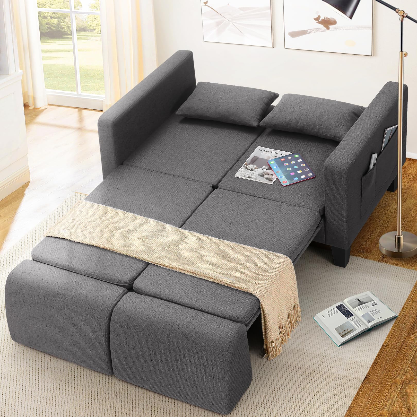 6-in-1 Convertible Sofa Bed, 58" Loveseat Sleeper Sofas, Gray | Pull Out Couch Bed with Removable Backrest, Storage Pockets and 2 Pillows, Modern Folding Linen Futon Couch for Small Spaces