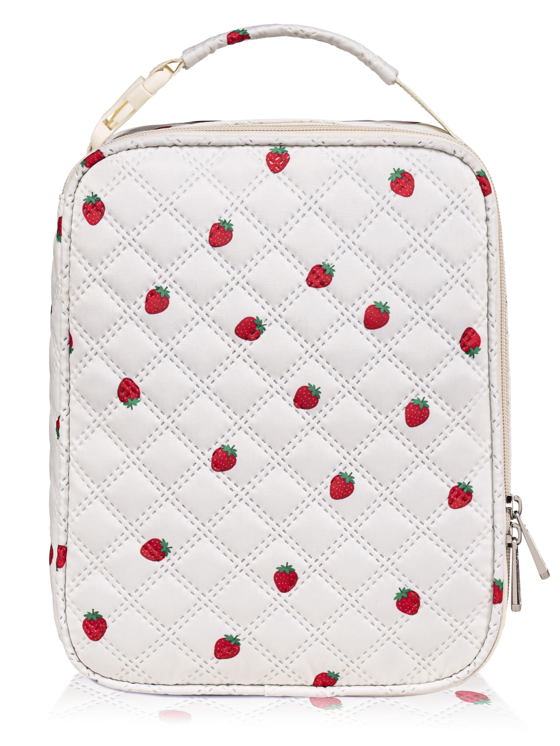 TuErCao Cute Strawberry-Print Lunch Box Kids for School, Compact Reusable Tote LunchBox for Girls for School, Office, Picnic, Lightweight Small Lunch Bag Fits Bento Boxes, Snack and Foods