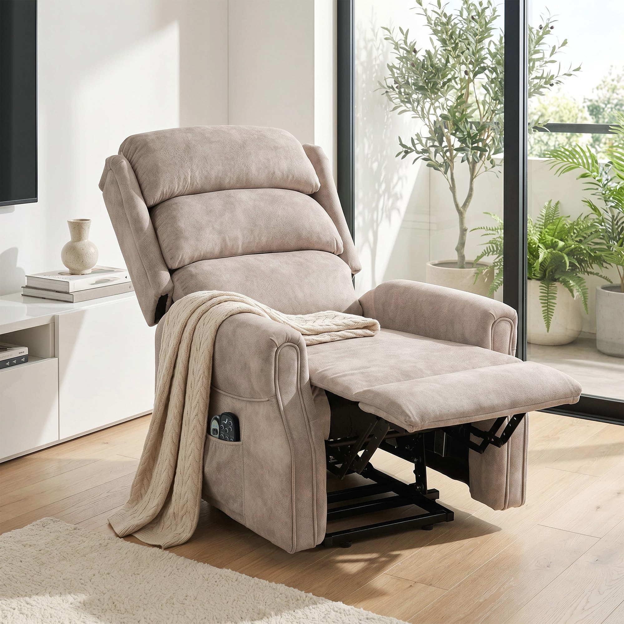 HOMCOM Poltrona sollevatore elettrico massaggio vibrazione e calore poltrona relax elettrica velluto schienale reclinabile cuscino a molle tasche laterali telecomando poggiapiedi facile montaggio