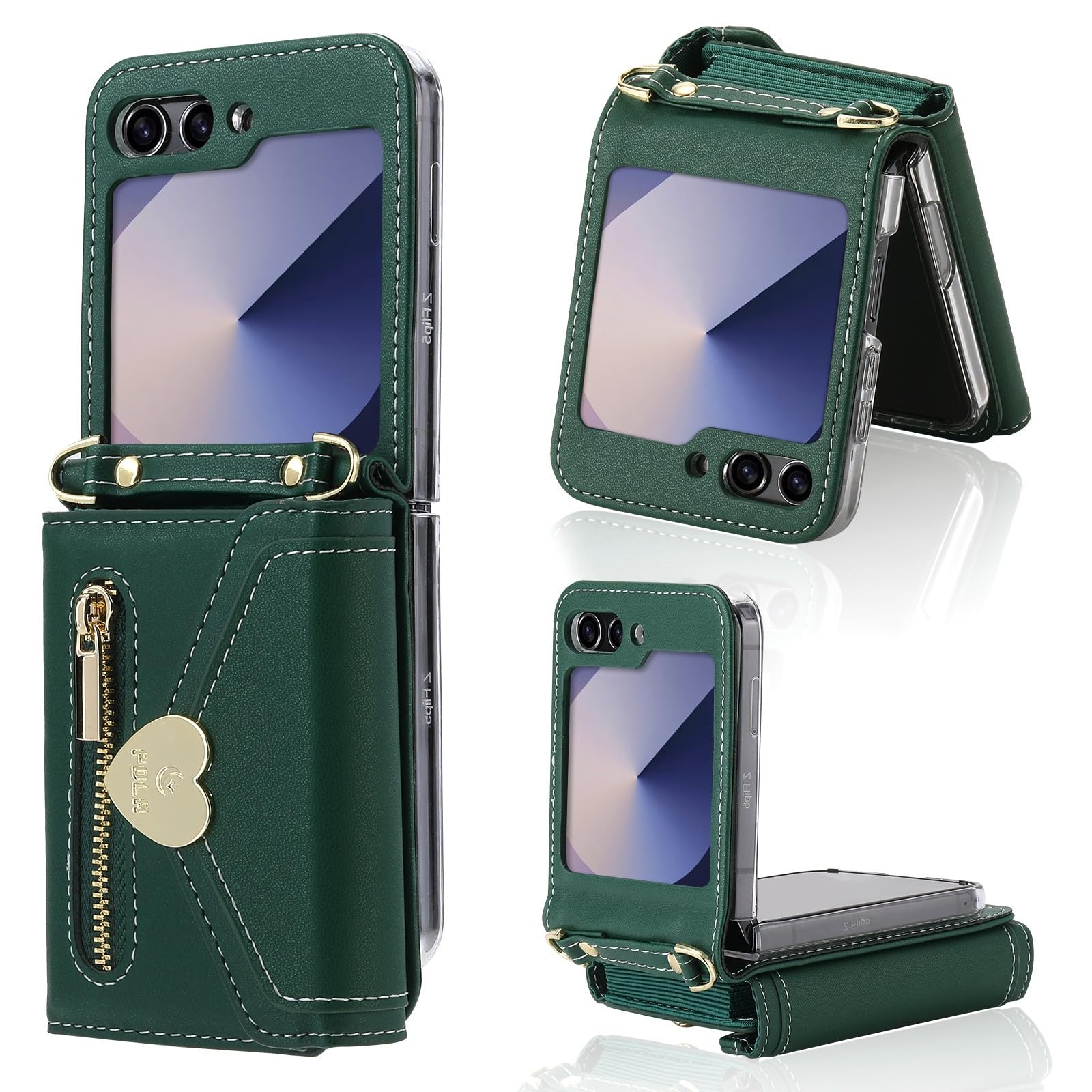 XIMANDXIMAND for Samsung Galaxy Z Flip 6 Case with Love Flip Wallet, Large Capacity for 8 Card Slots, and Long Strap - a Mini, Fashionable Crossbody Bag for Young, Stylish Women Shopping(Z Flip 6,Green)