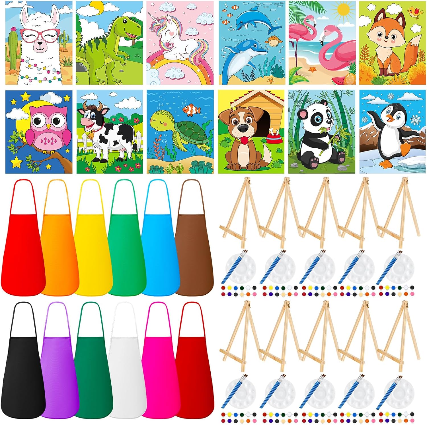 Ireer 84 Pcs Paint Party Set Include 12 Animal Pre Drawn Canvas, Brushes, Palettes, 12 Set Acrylic Paints, Apron Canvas, Painting Kit for Birthday Party Gift Creative Supplies(5 x 7 Inches)