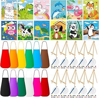 Ireer 84 Pcs Paint Party Set Include 12 Animal Pre Drawn Canvas, Brushes, Palettes, 12 Set Acrylic Paints, Apron Canvas, Painting Kit for Birthday Party Gift Creative Supplies(5 x 7 Inches)