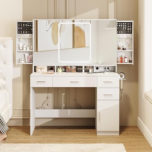 Vabches Escritorio de tocador, escritorio de maquillaje con espejo y luces, mesa de tocador con grandes cajones de almacenamiento y estaciones de