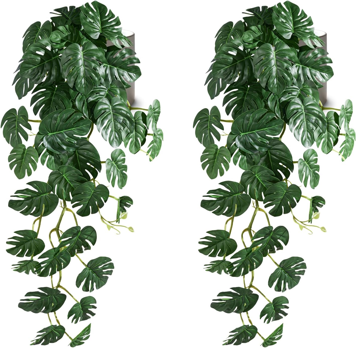 2 Pack Large Artificial Hanging Monstera Plant with Pots, Extra-Full Cascading Faux Hanging Plants for Wall & Shelf Decor, Oversized Split-Leaf Greenery for Living Room (Green-02)