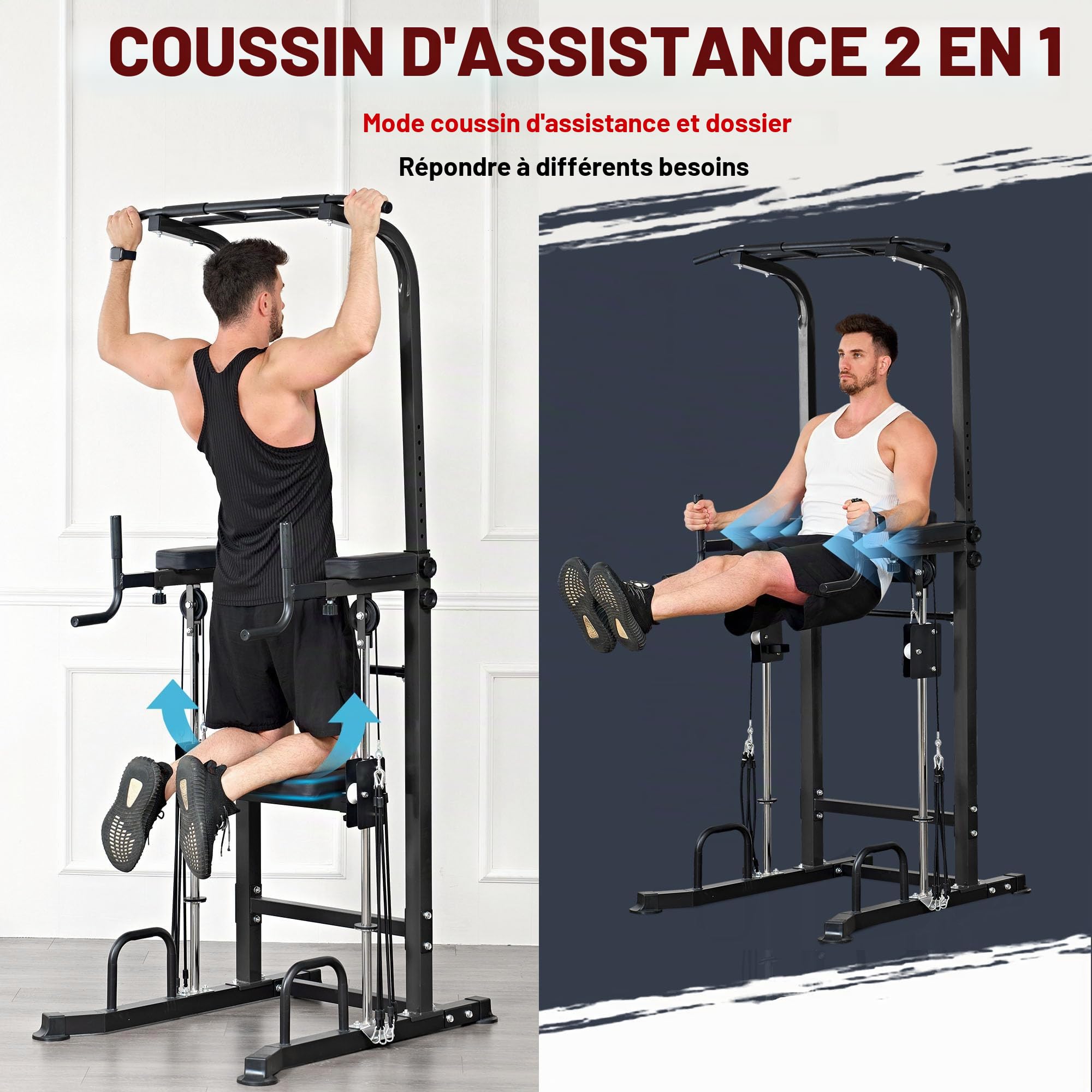 Power Tower Station de barre de traction réglable à 10 vitesses, station de musculation multifonction pour salle de sport à domicile, avec coussinet d'entraînement assisté et base