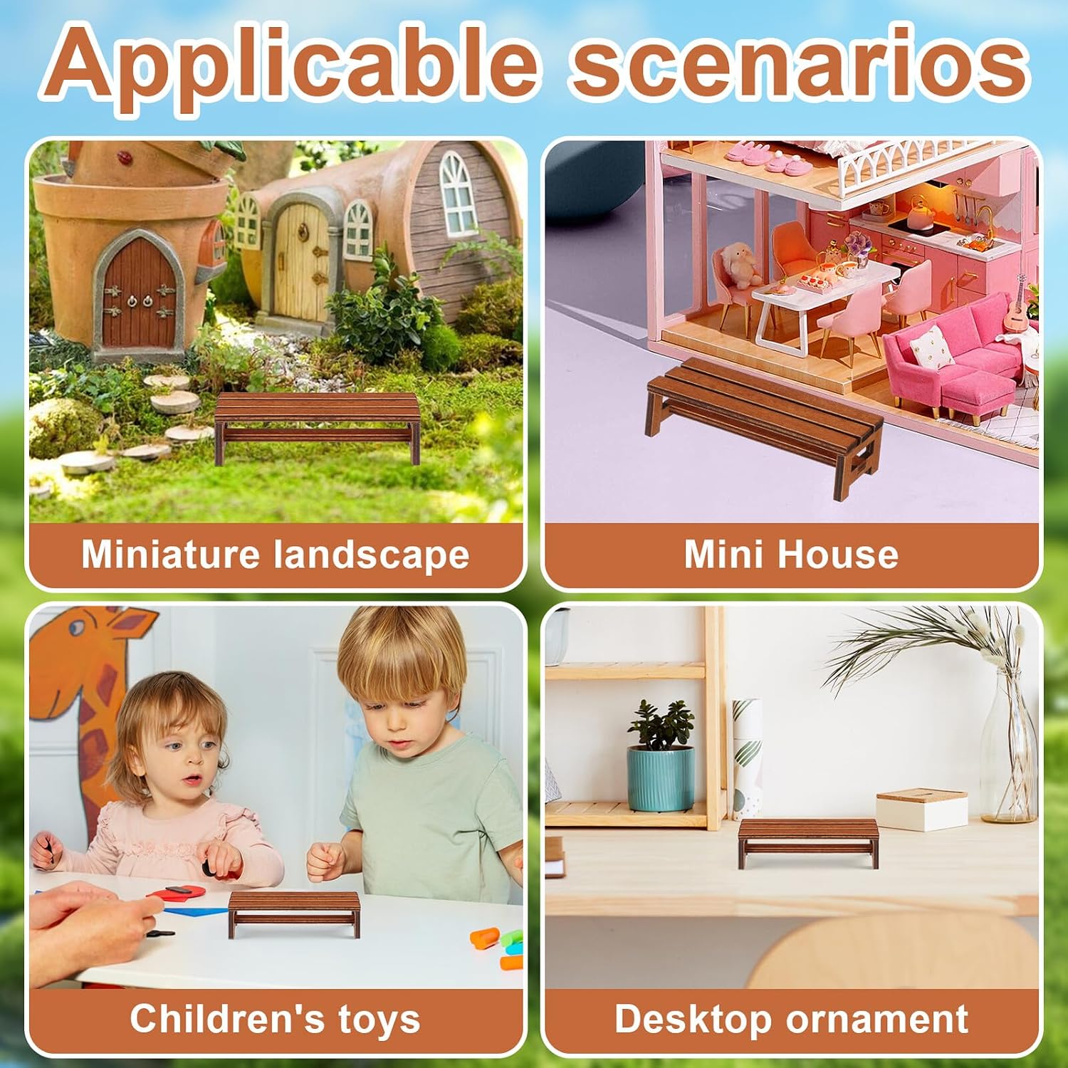 Uonlytech 2Pcs Wooden Mini House Bench Miniature Furniture for Dollhouse Decorative Miniature Bench Model for Bedroom and Dining Accessories