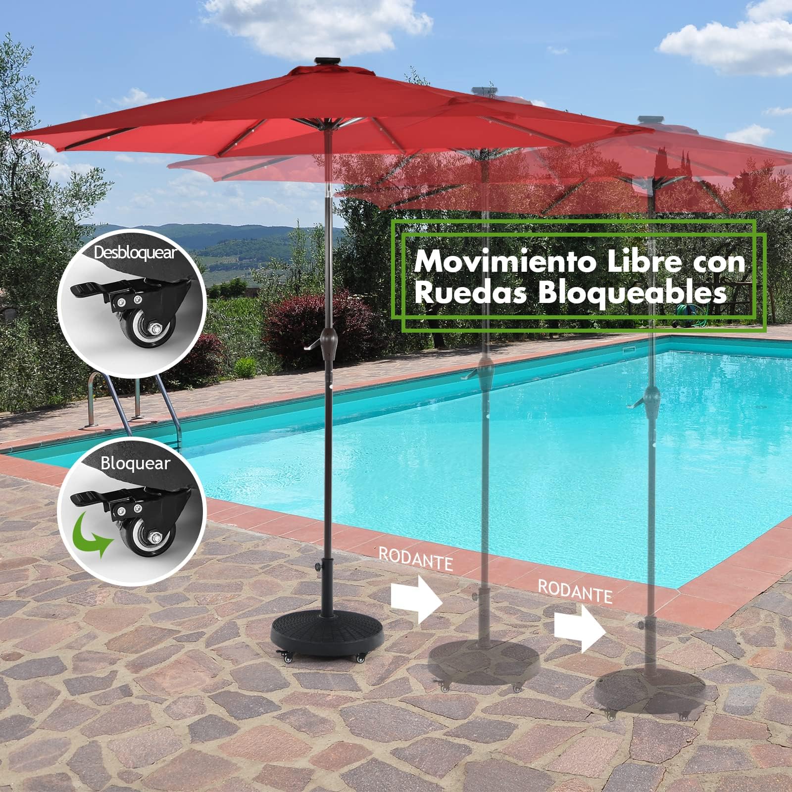 COSTWAY Base de Sombrilla de Resina de 23 kg, Soporte para Sombrilla Resistente al Aire Libre con Ruedas Bloqueables y Orificio de Poste Ajustable, Diseño de Ratán, para la Piscina (23 kg)