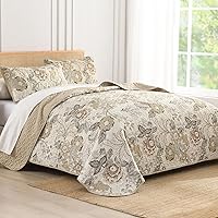 Luxudecor Queen Floral Quilt Set 3-Piece Vintage Flower Bedspread with Shams Soft Microfiber Reversible All Seasons Neutral Bedding
