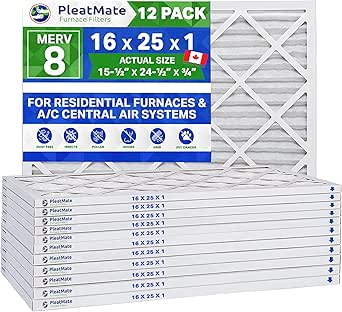 16x25x1 - MERV 8 Furnace and A/C Air Filter. Made In Canada &amp; Labelled Manufactured by PleatMate Furnace Filters - Case of 12