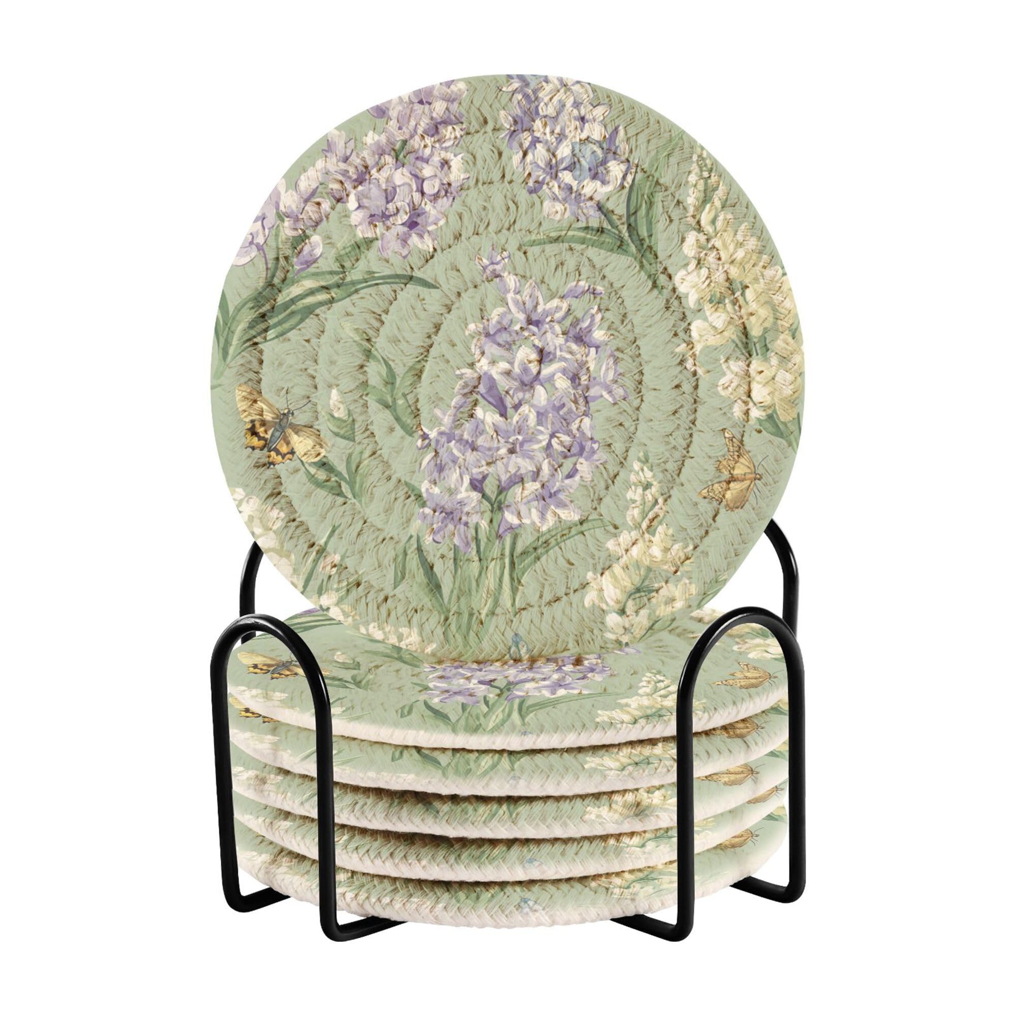 Flowers Hyacinths Peonies Bees Sage Green Cotton Rope Drink Coasters Set Set with Holder 6 Pack Home Coasters