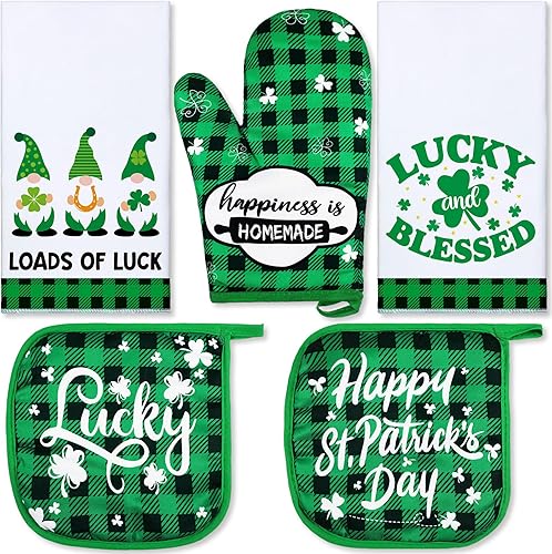 Rtteri Juego de 5 toallas de cocina de búfalo azul y negro de Navidad, guantes de horno y soportes para ollas, guantes de Navidad, guantes de horno,