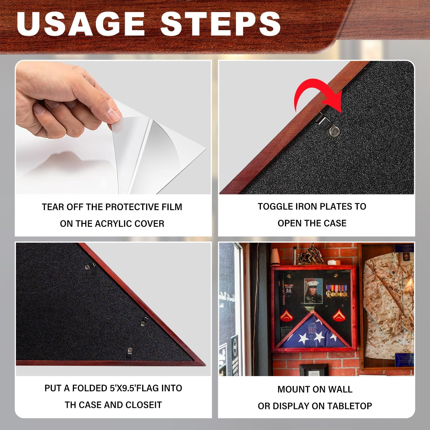 Flag Display Case for 5x9.5 ft American Veteran Burial Flag, Mahogany Wooden Frame Case Set, Triangle Solid Shadow Box with Wall Mount Acrylic Front