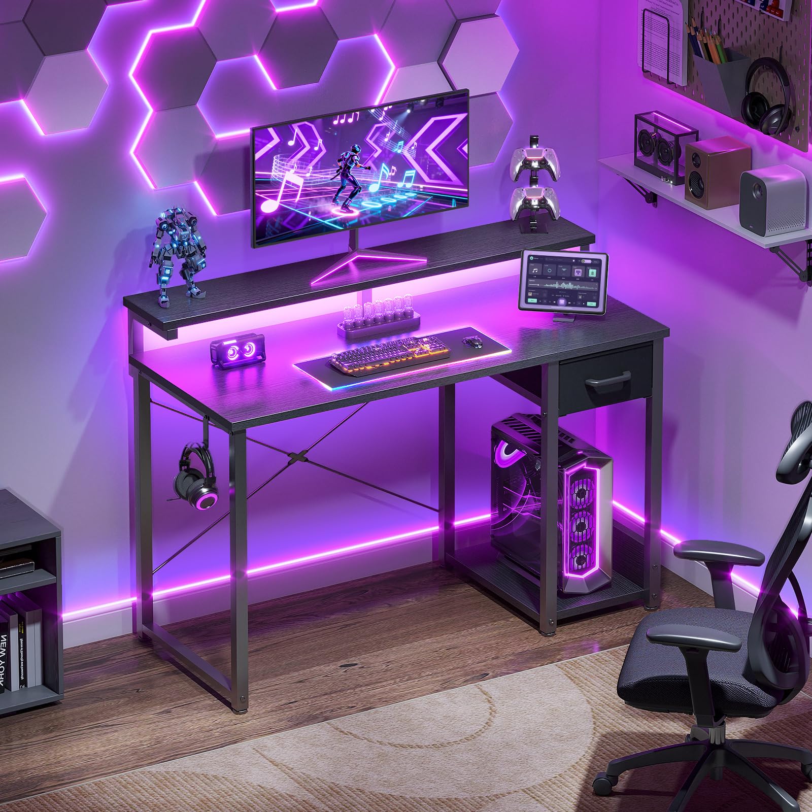 Coleshome Escritorio con Cajones de Tela, 100x45cm Mesa Gaming con Luces LED, Escritorio Gaming Reversible con Estanteria y Gancho para Auriculares para en Casa y Dormitorio, Negro