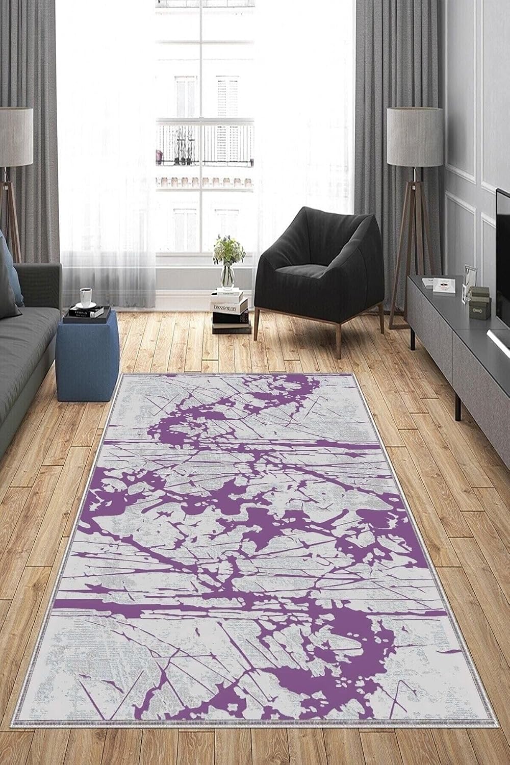 Pelangi Gri Desenli Mor Detaylı Yıkanabilir Kaymaz Taban Leke Tutmaz Modern Salon Halısı Ve Yolluk, Mor 80 x 500, 13582068050005