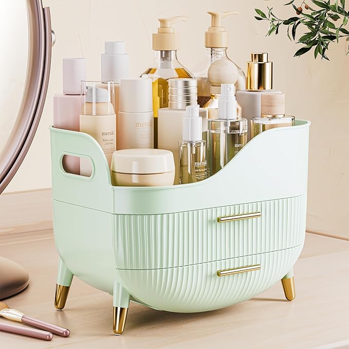 Rangement Maquillage Organisateur avec 2 Tiroirs, Stockage Produit de Beauté Multifonctionnel, Rangement Parfum Skincare Grande Capacité pour Vanité, Chambre, Salle de Bain (Vert Menthe)
