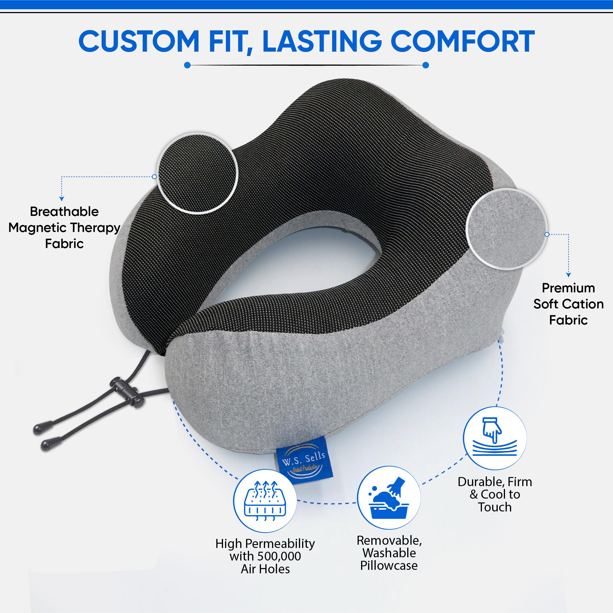 W.S. Vende almohadas de cuello de viaje para aviones, espuma viscoelástica pura con diseño ergonómico y tela transpirable, almohadas de viaje para aviones y automóviles, juego de artículos esenciales