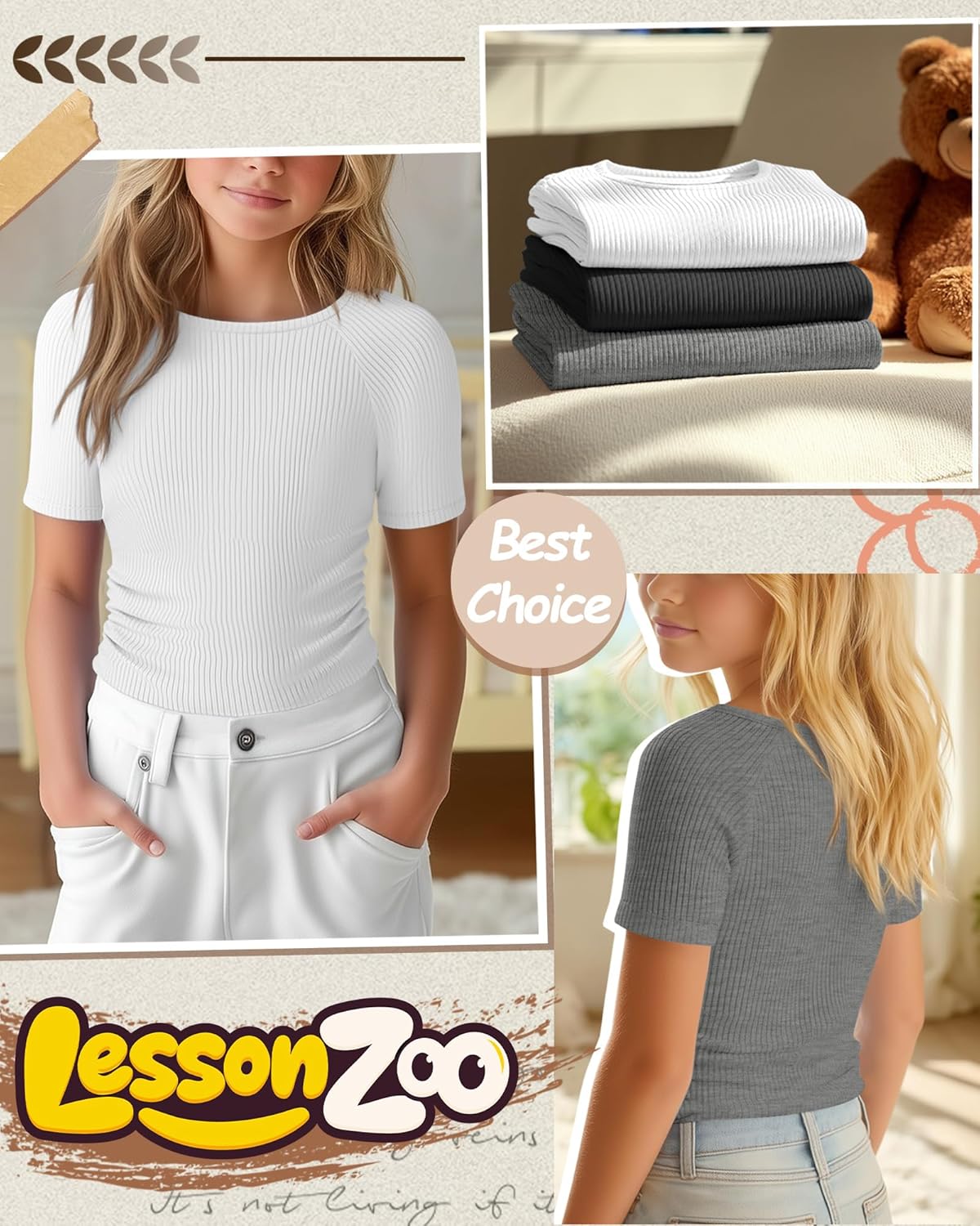 3 Pack Girls Short Sleeve Shirts Summer Slim Fit Crew Neck Tops Ribbed Knit Side Ruched Tees Basic Clothes for Kids - Image 3