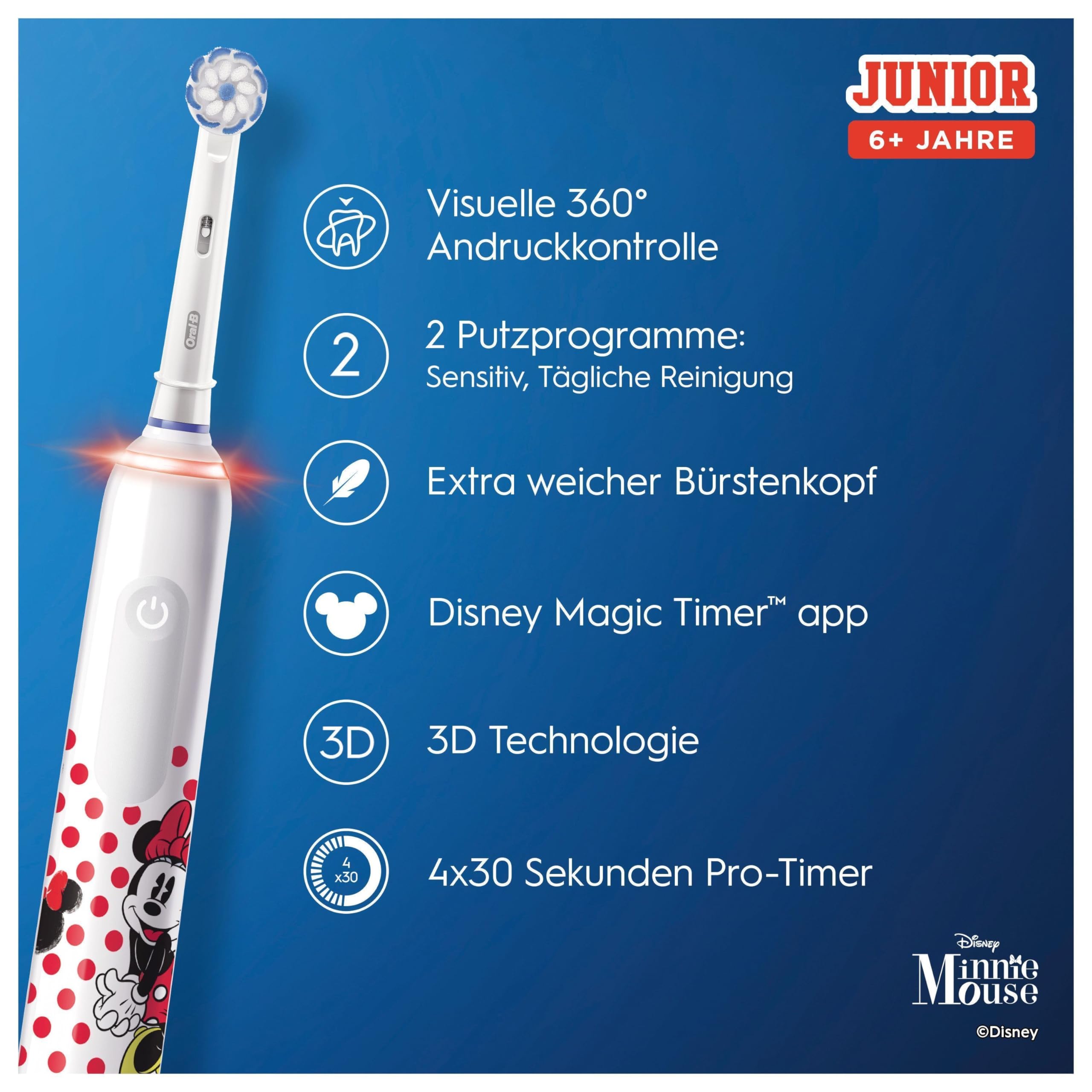 Oral-B Junior Minnie Mouse Elektrische Zahnbürste/Electric Toothbrush, Kinder ab 6 Jahren, 2 Aufsteckbürsten, 360°-Andruckkontrolle, 2 Putzmodi inkl. Sensitiv Zahnpflege, weiche Borsten, Timer, weiß