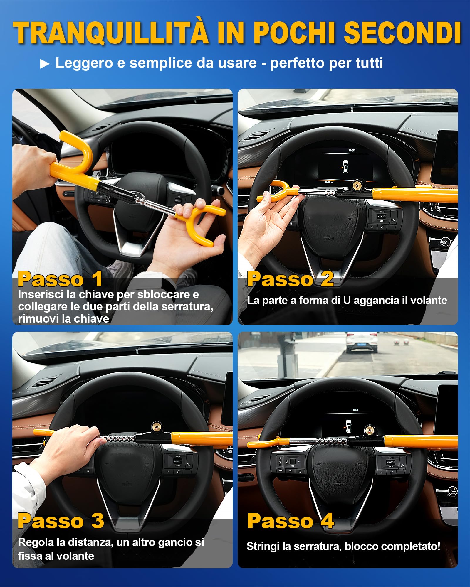 Tevlaphee Blocco Volante, Serratura di Sicurezza Auto, Dispositivo Anti-Furto Robusto, Alta Visibilità, Adattamento Universale per Auto, SUV & Furgoni, Regolabile, 3 Chiavi(Giallo)