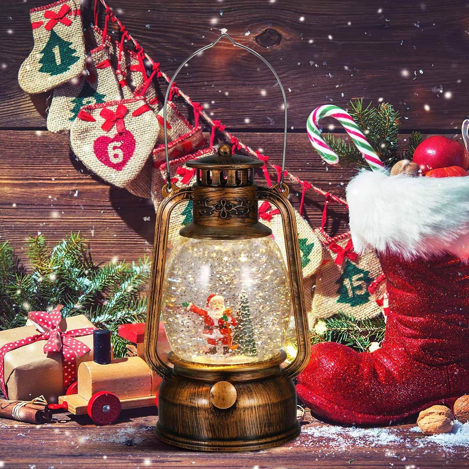 Christmas Music Box Snow Globe Lantern with LED Lighted Santa Claus and Glitter, USB Battery Operated Holiday Decoration for Indoor Christmas Home Accent