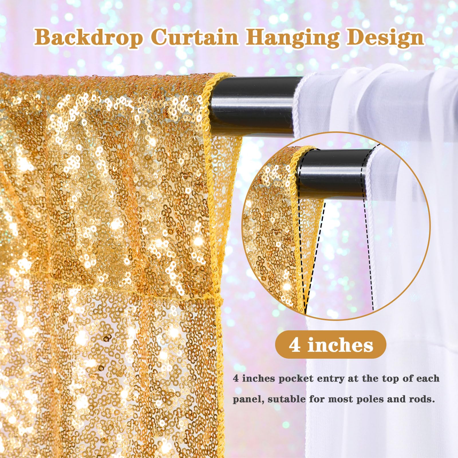 Lot de 3 rideaux de fond à paillettes en mousseline de soie pour fête de mariage Doré 1,2 x 2,4 m