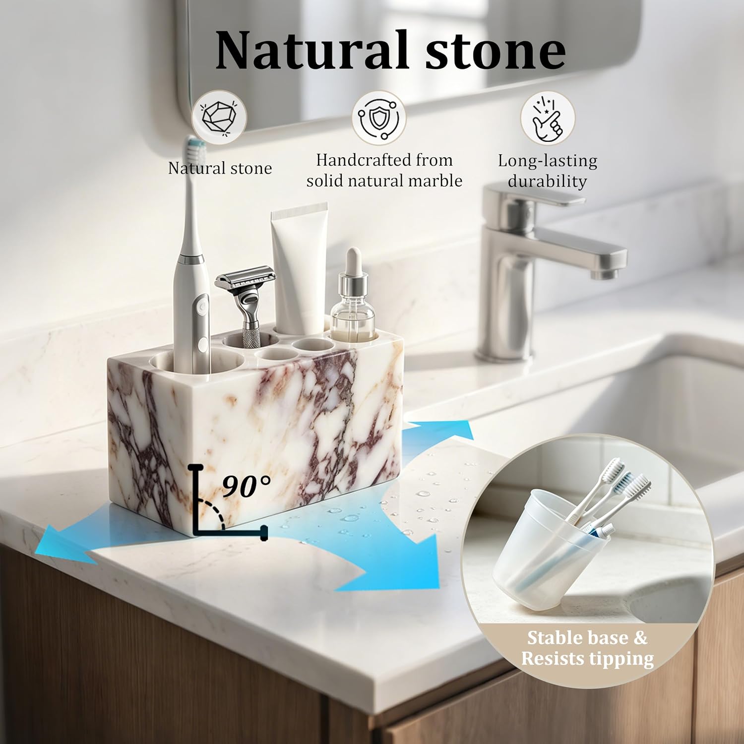 SAMAH Marble Toothbrush Holder, 6-Slot Toothbrush Holders for Bathrooms, Electric Toothbrush Holder and Bathroom Countertop Organizer – Suitable for Use in Homes, Hotels, and on Vanity Countertops